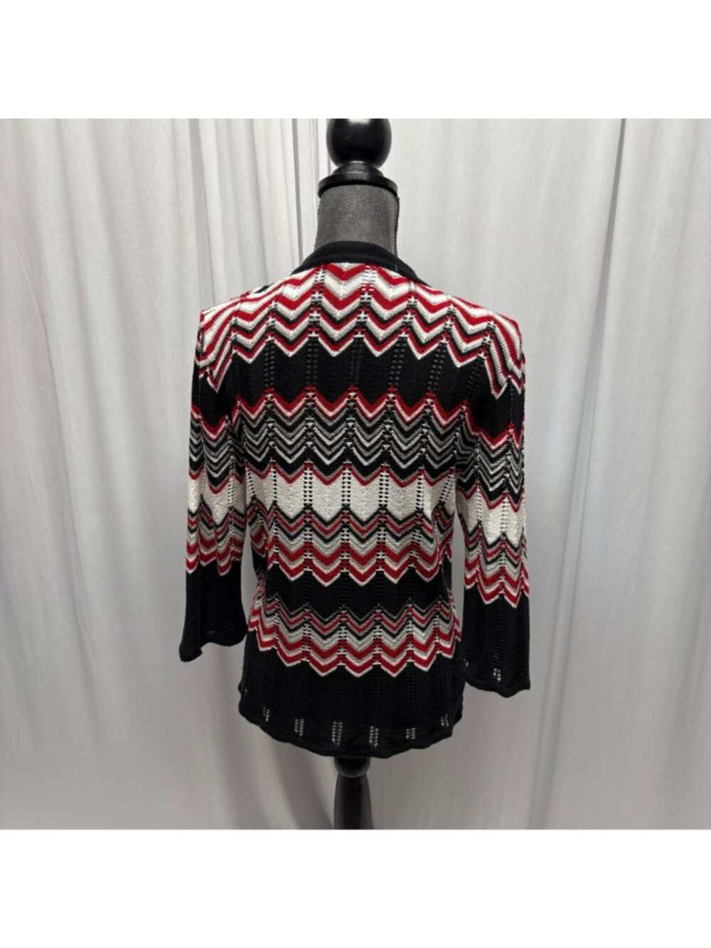 Two-One-Two Open Front Cardigan Womens Size Large Red Black Lightweight Sweater - Picture 4 of 7